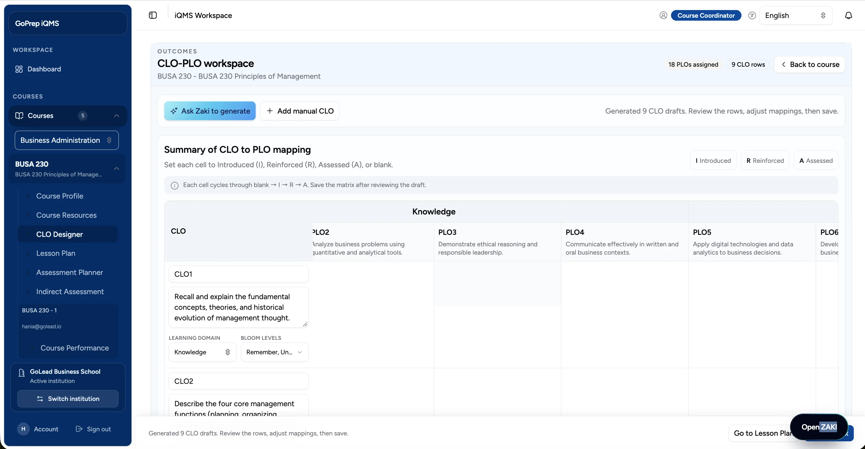 IQMS learning outcome workspace