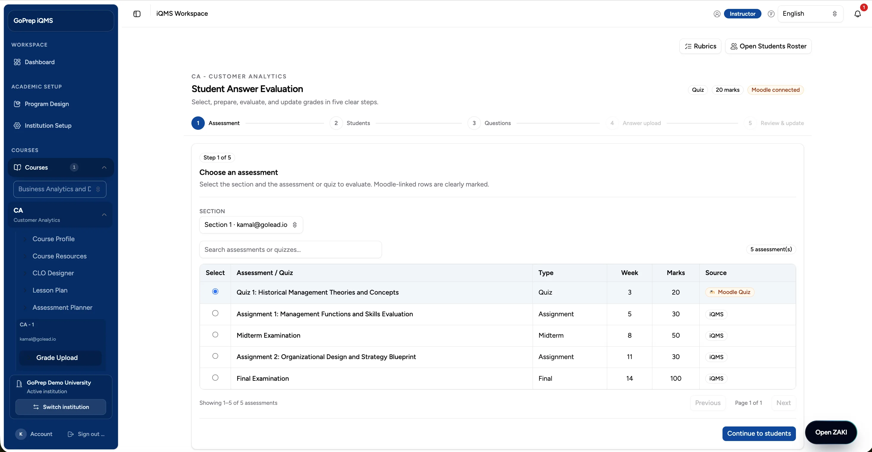 IQMS grade upload with outcome-level feedback